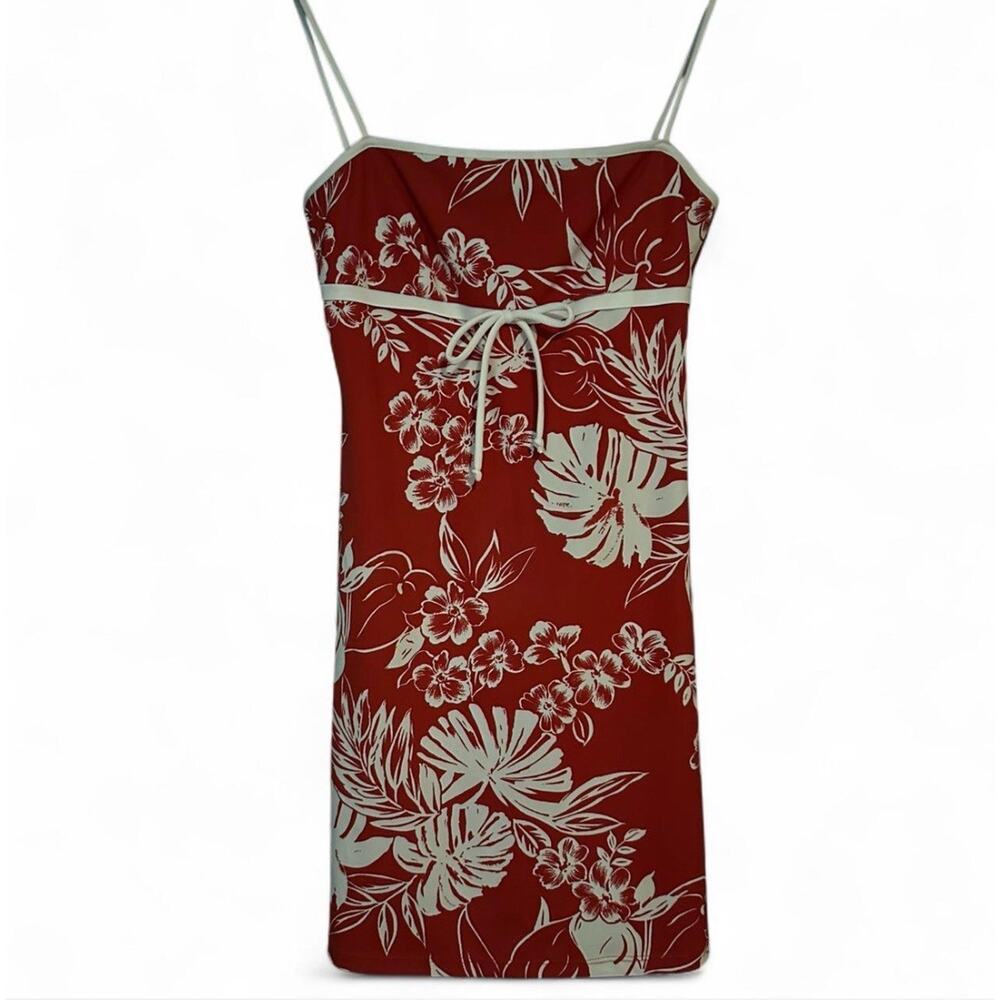 Y2K Red Hawaiian Floral Mini Dress — Spaghetti Strap — Size M — Made in USA